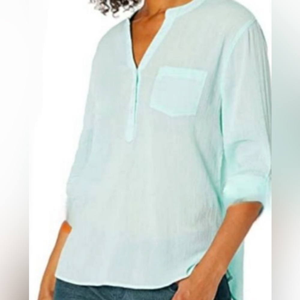 Lilly Pulitzer Tabbed Sleeve Single Pocket Light Blue Linen Tunic Shirt Top | XL